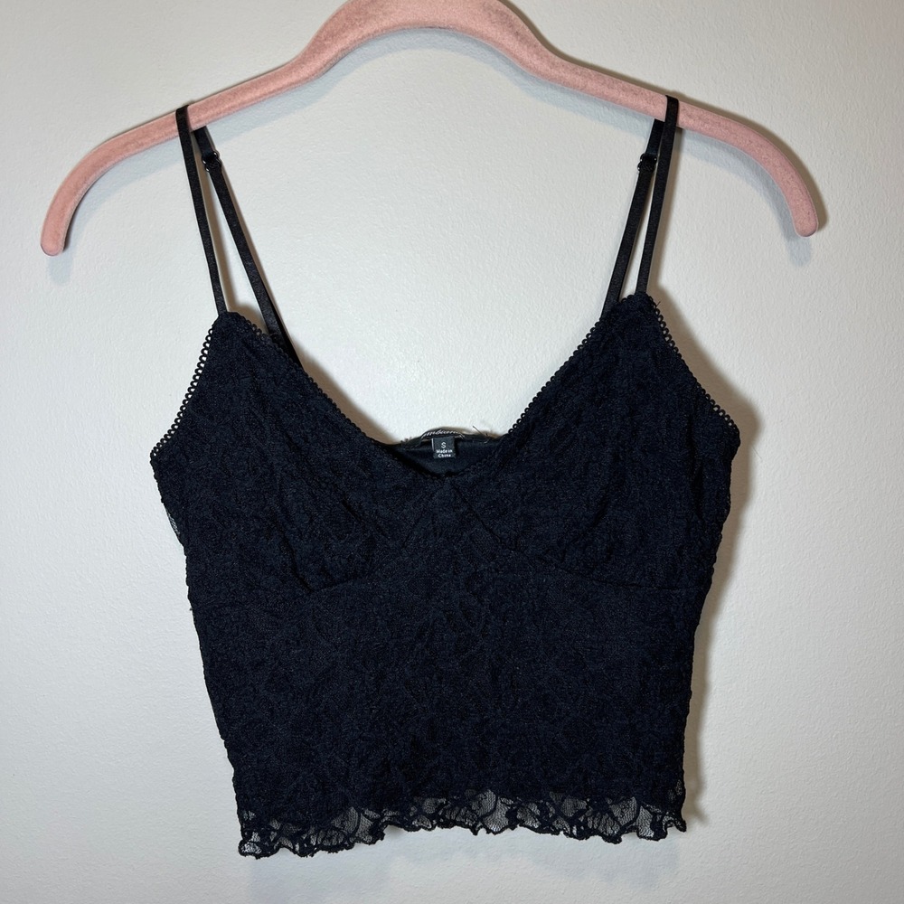 Ambiance Black Floral Lace Camisole Cropped V-Neck Adjustable Straps Top Small
